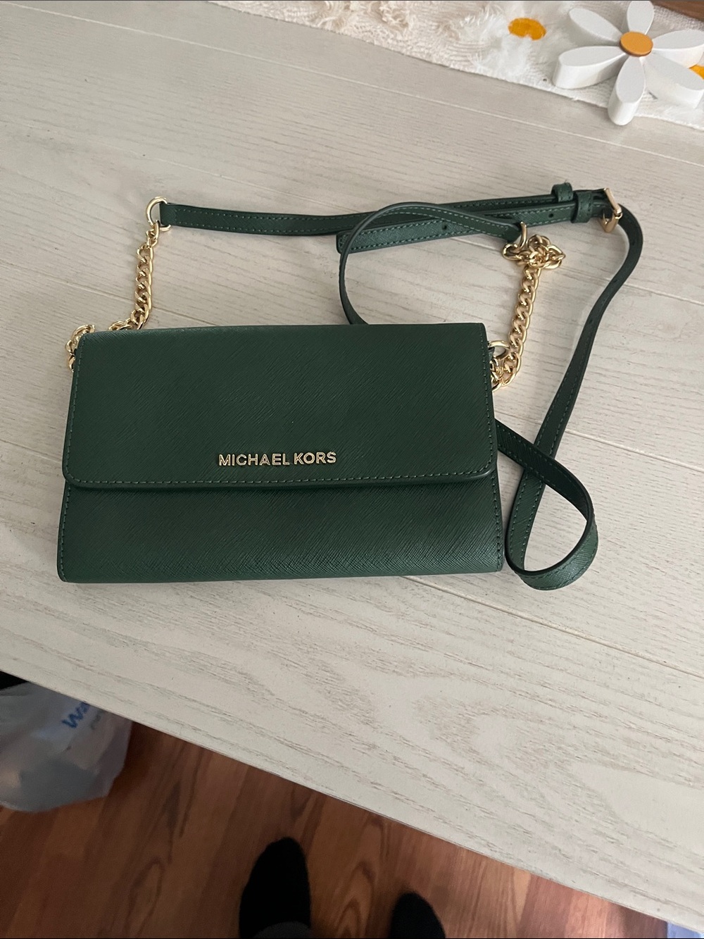 Michael Kors Dark Green Leather Crossbody with Gold Chain